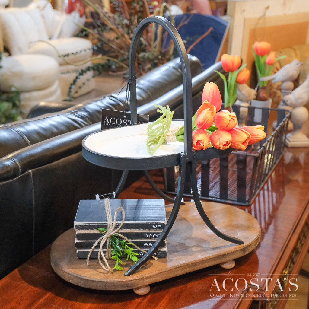 Metal and Wooden Two-Tier Tray