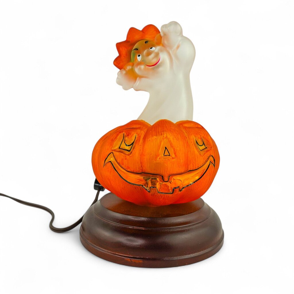 Vintage Glass Light Up Pumpkin on Wooden Base
