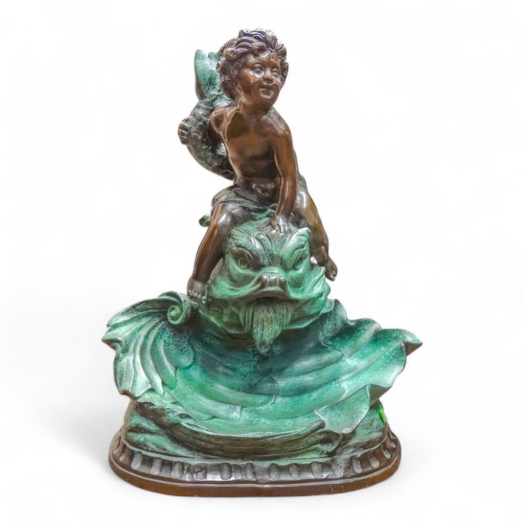 Bronze Putto Astride a Dolphin Statue