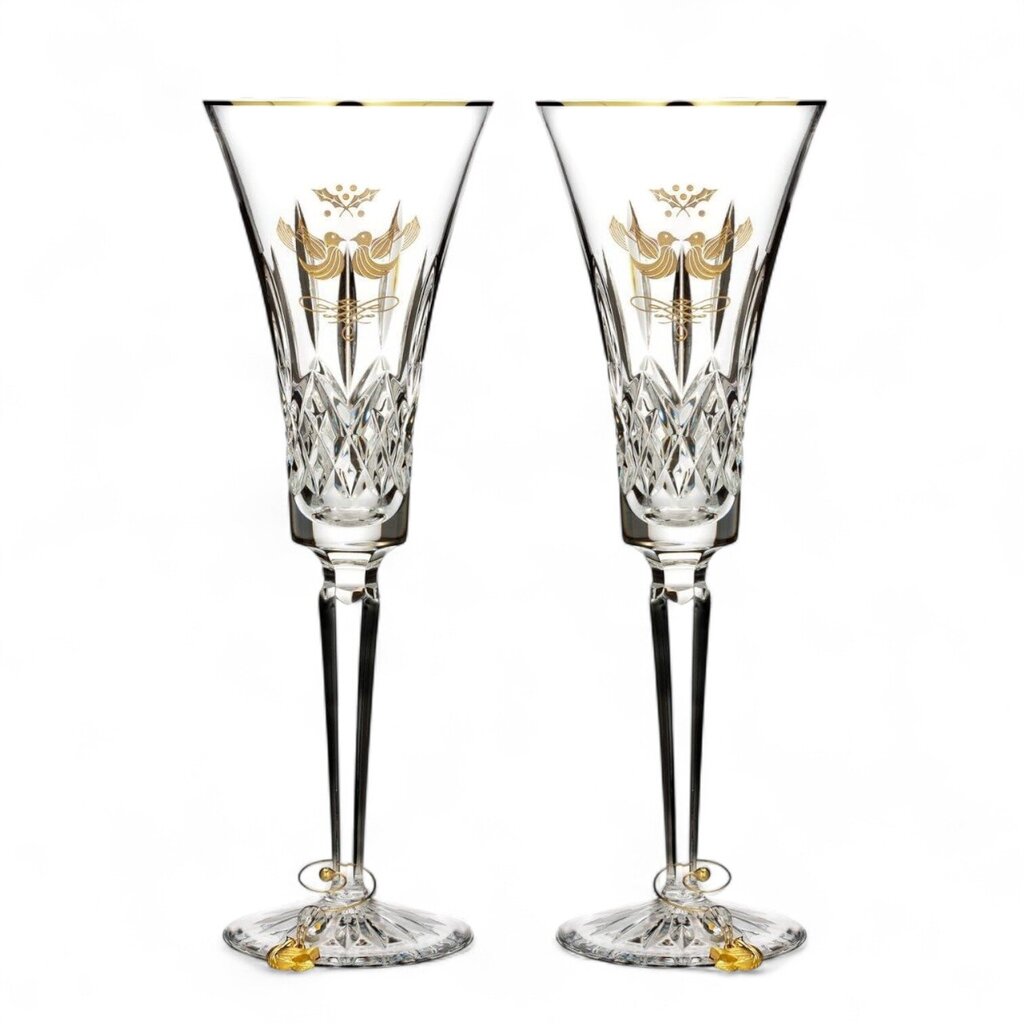 Orig Price $186 - Pair of Two Turtle Doves Gold Rim Flute - Lismore