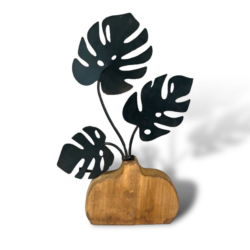 Wood Faux Vase Decor Monstera