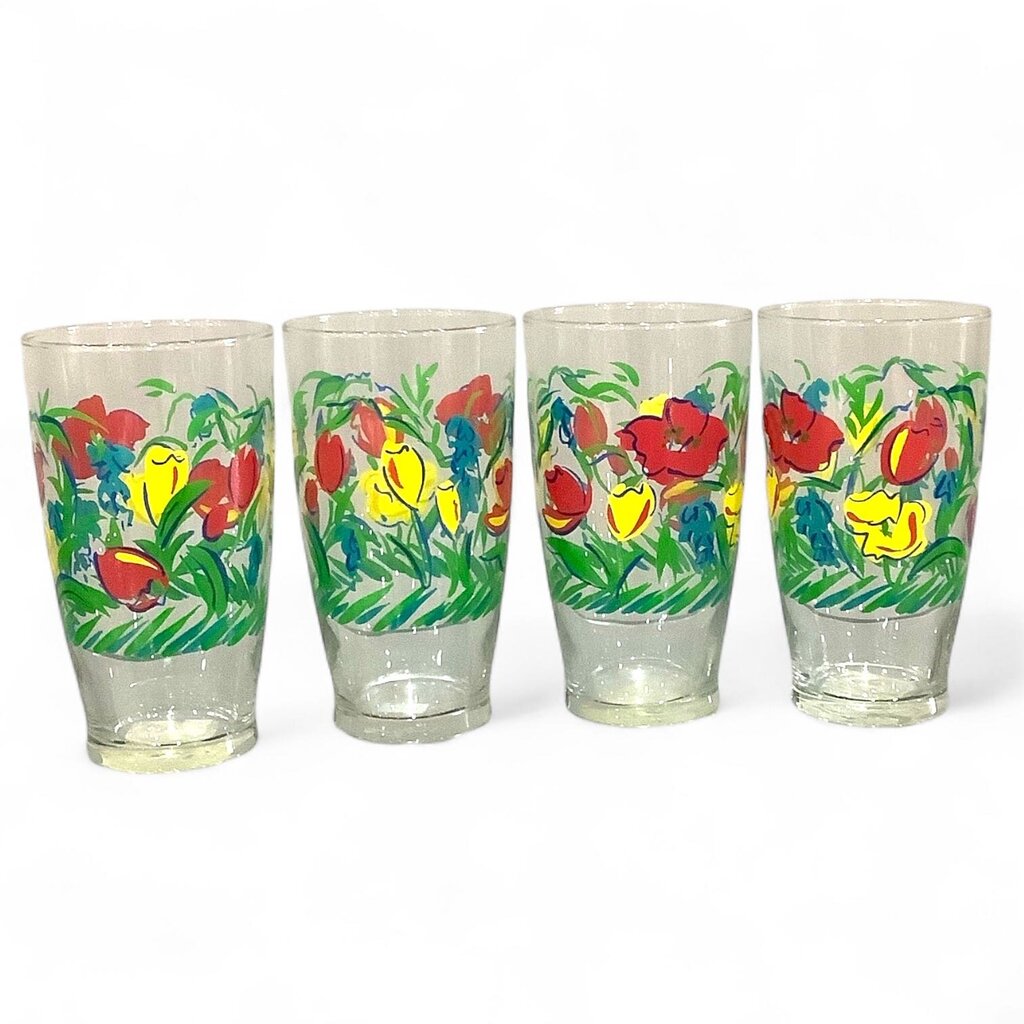 Set/4 Floral Ice Tea/Beer Quart Glasses