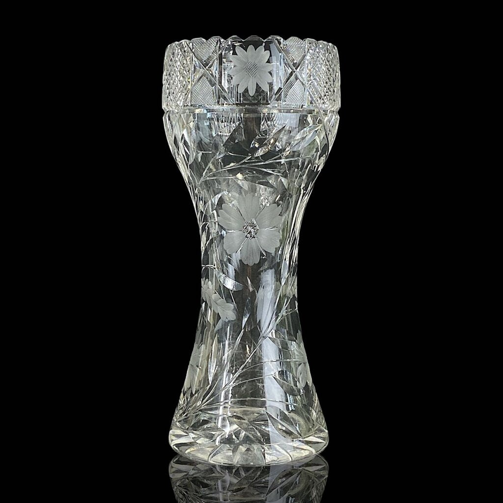Marked Glass Vase with Etched Floral Pattern
