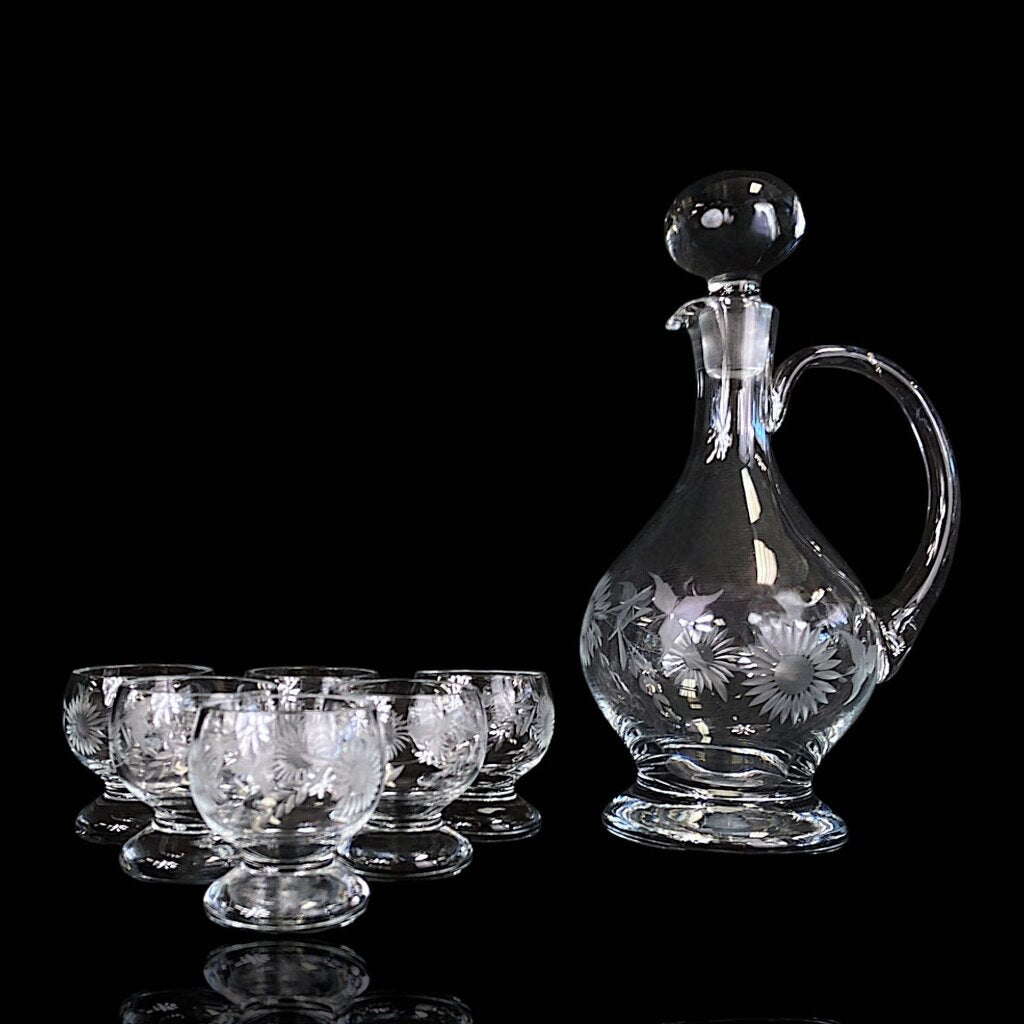 Etched Crystal Brandy Decanter with 6 Glasses