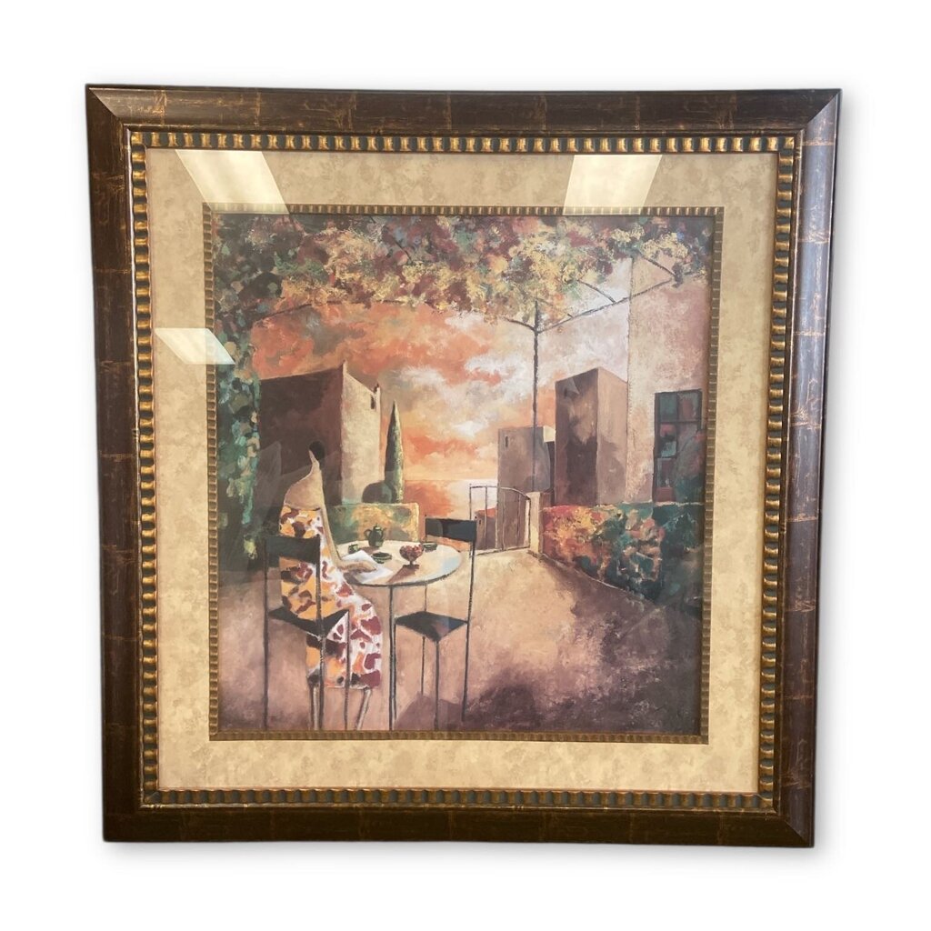 Print of Painting of Woman Sitting Outside in Frame