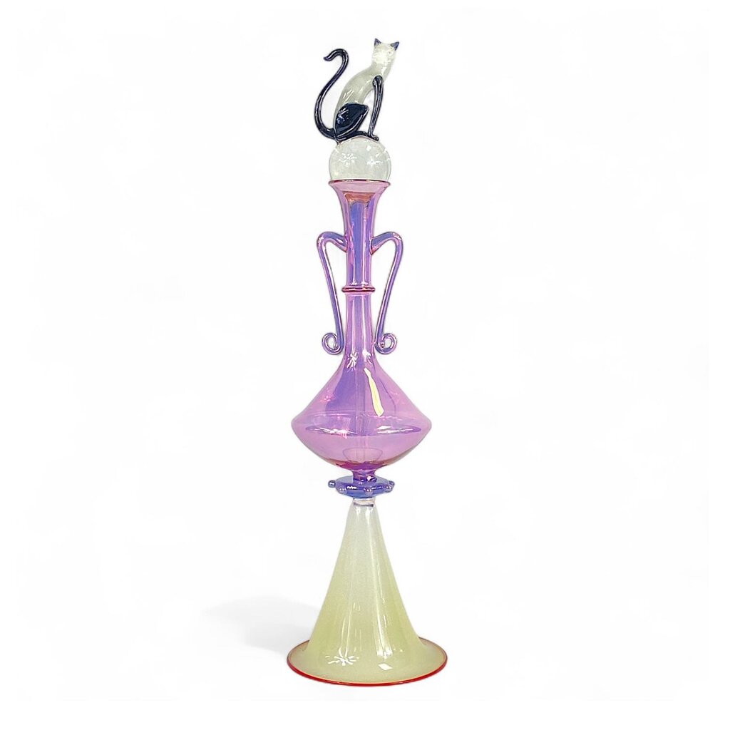 Blown Glass Perfume Bottle with Cat Figure Stopper