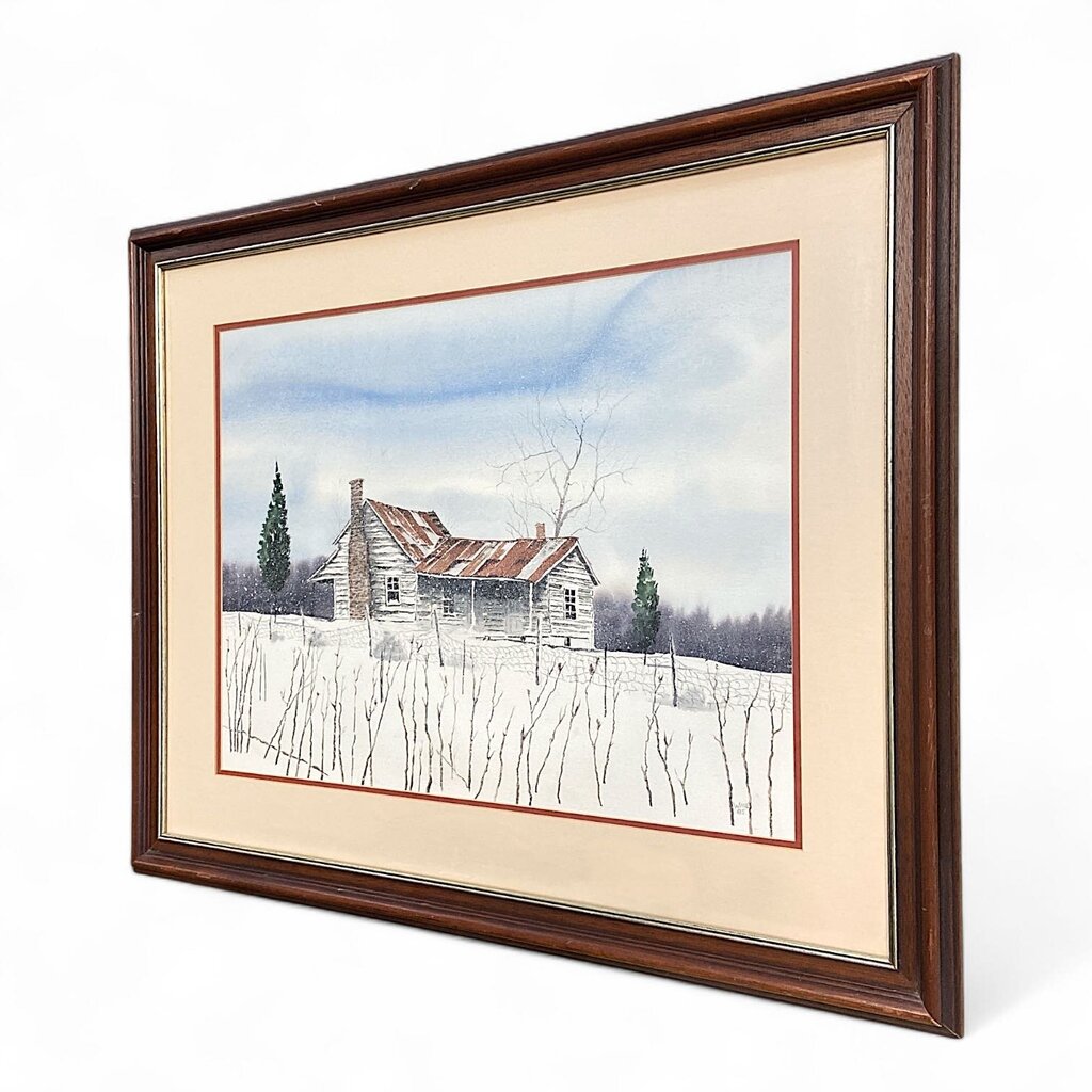 Watercolor Painting of Winter Cabin in Frame