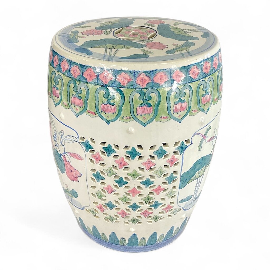 Ceramic Stool with Painted Lily Pads Pattern