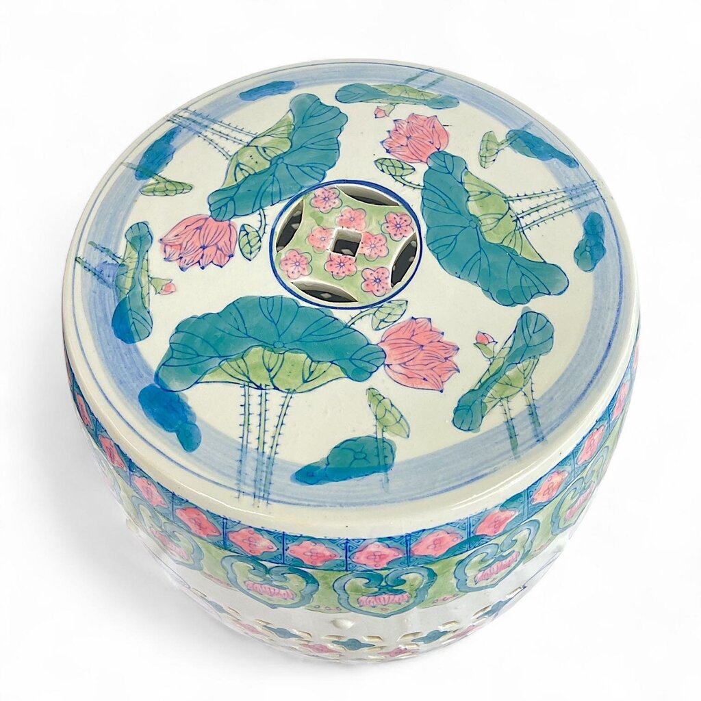 Ceramic Stool with Painted Lily Pads Pattern