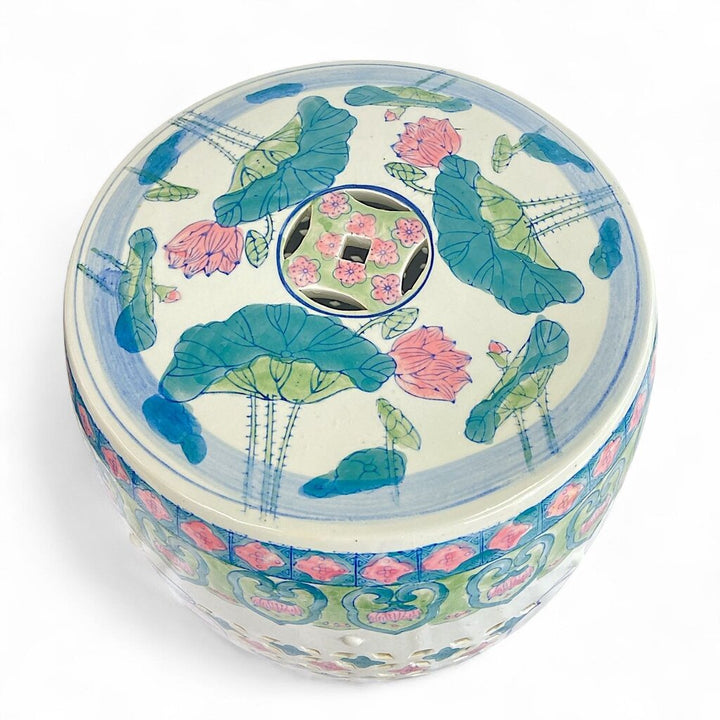 Ceramic Stool with Painted Lily Pads Pattern
