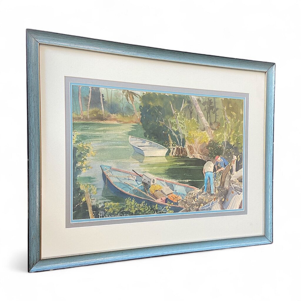 Boat Going out to a River Original Watercolor in Frame