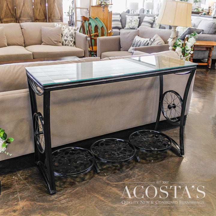 Iron Industrial Console Table with Glass Top