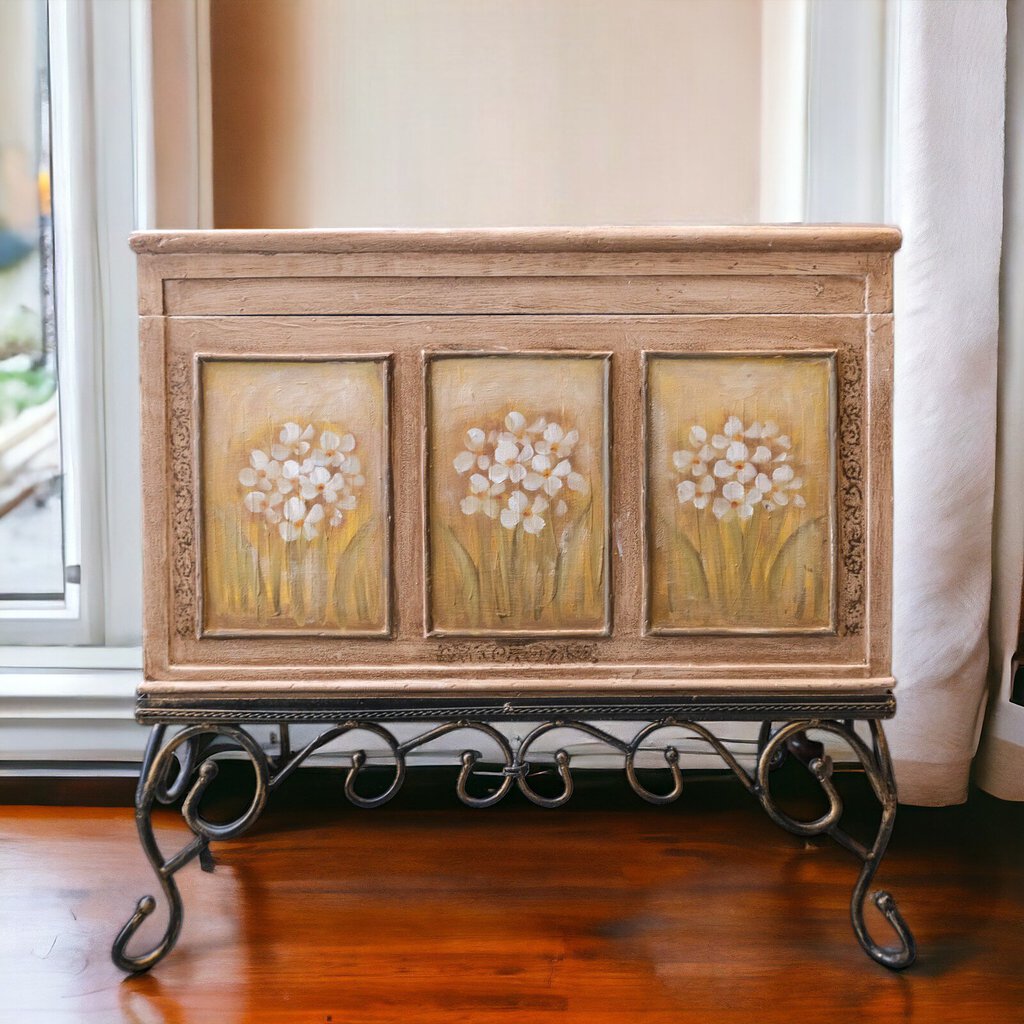 Painted Floral on Trunk on Iron Stand
