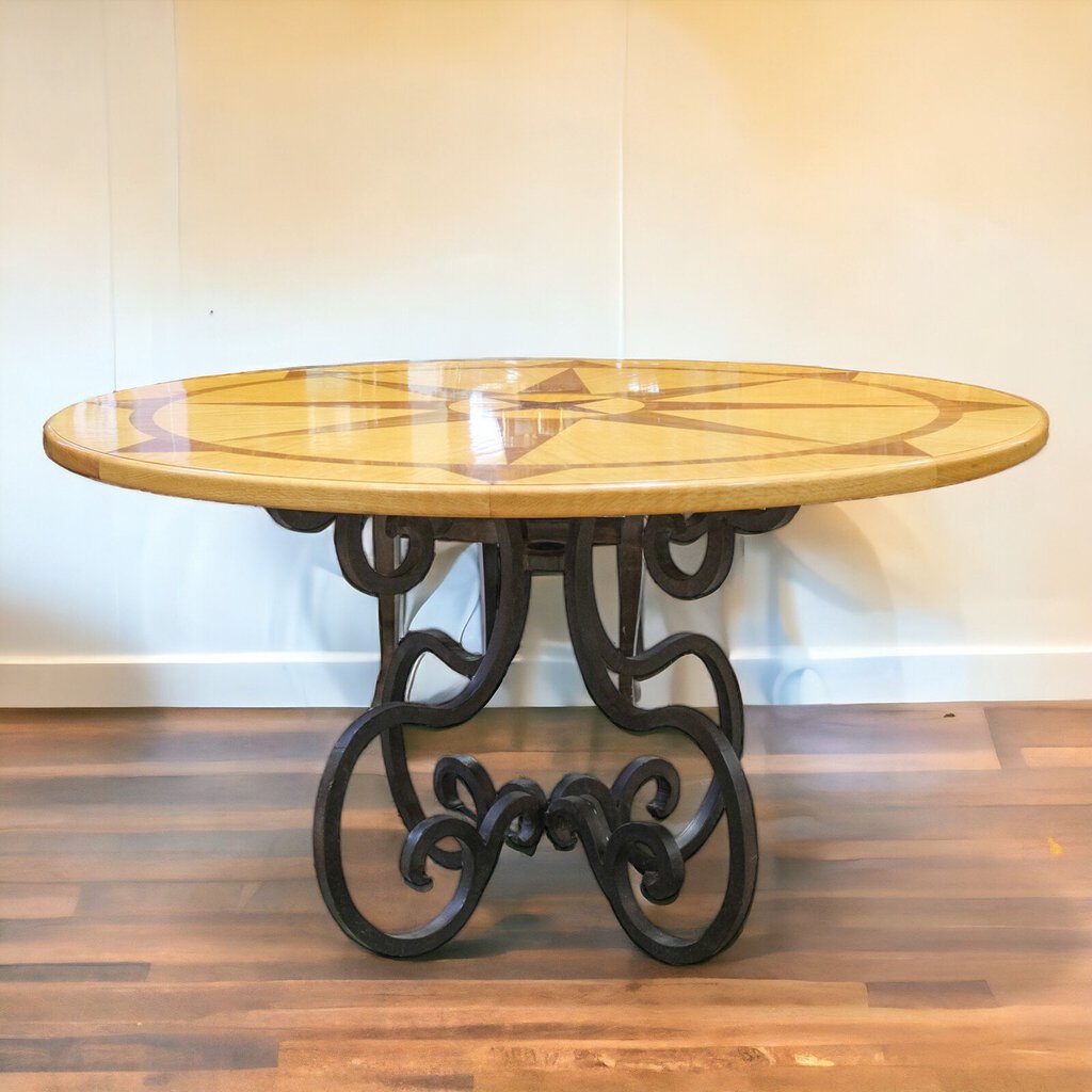Orig Price $7500 - Custom Inlay Wood Dining Table with Iron Base