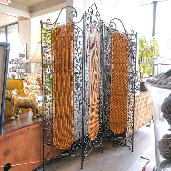 3 Panel Metal and Wicker Divider