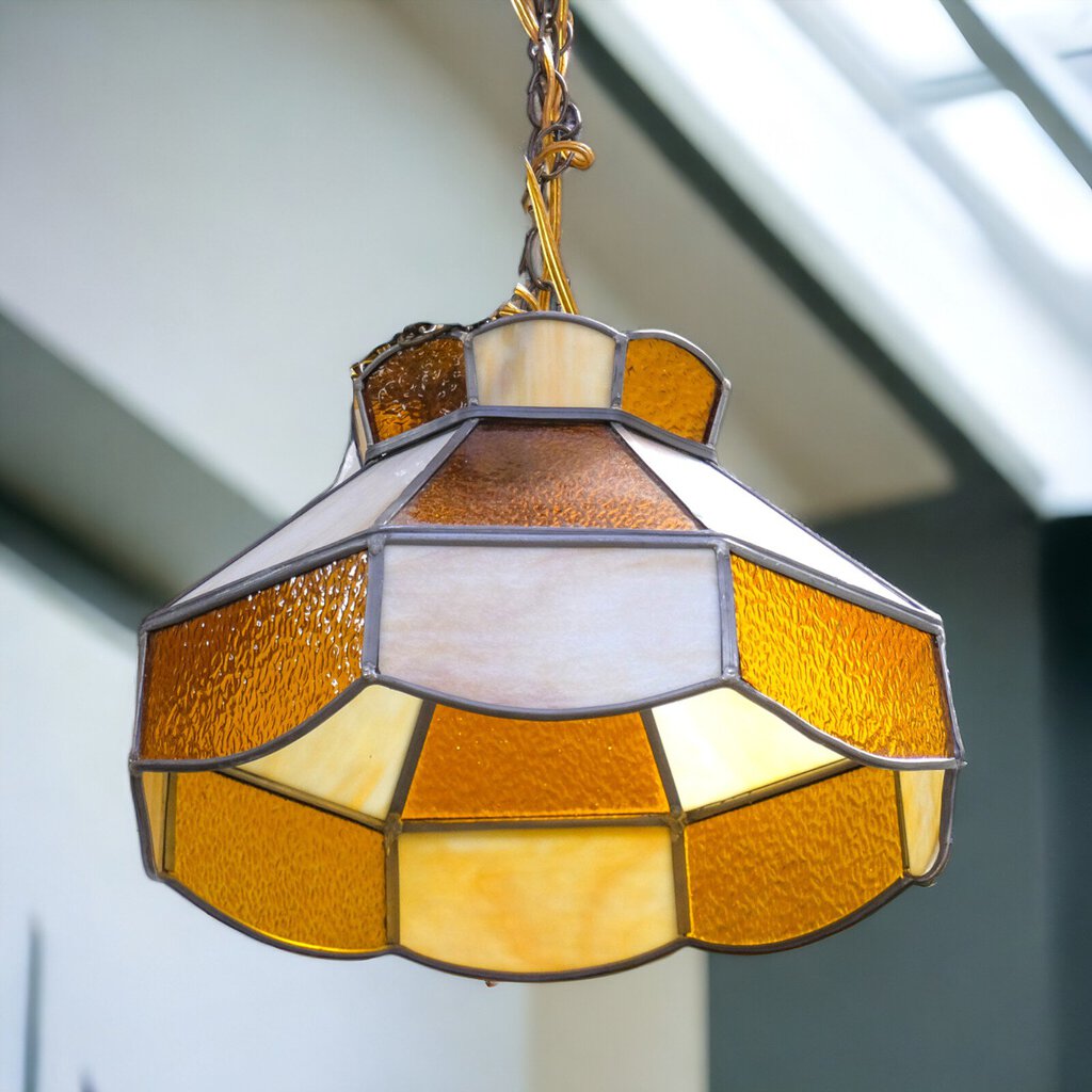 1970s Stain Glass and Slag Chandelier Parlor Light