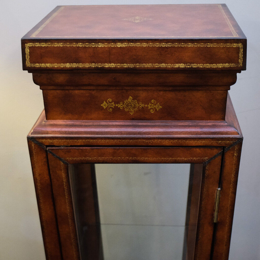 Orig Price $1495 - Tooled Leather Glass Display Case Curio Pedestal