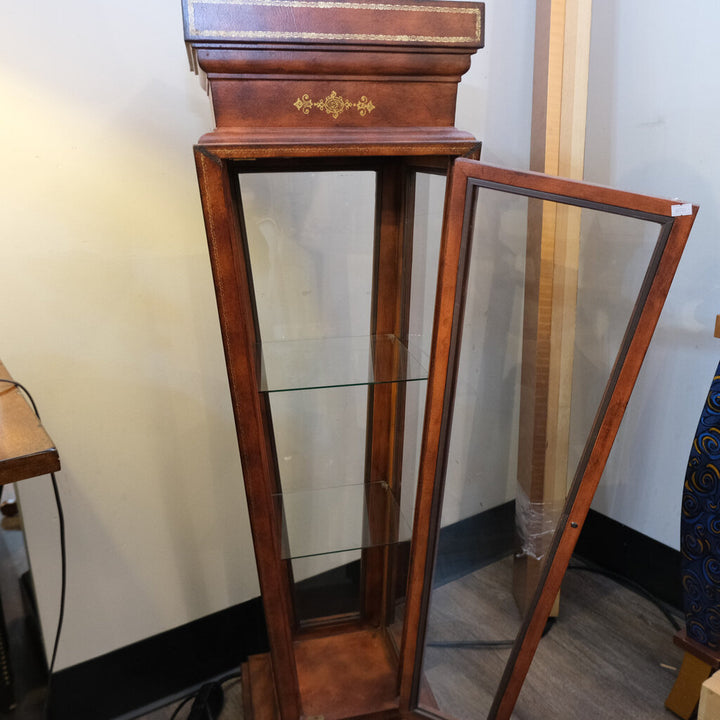 Orig Price $1495 - Tooled Leather Glass Display Case Curio Pedestal