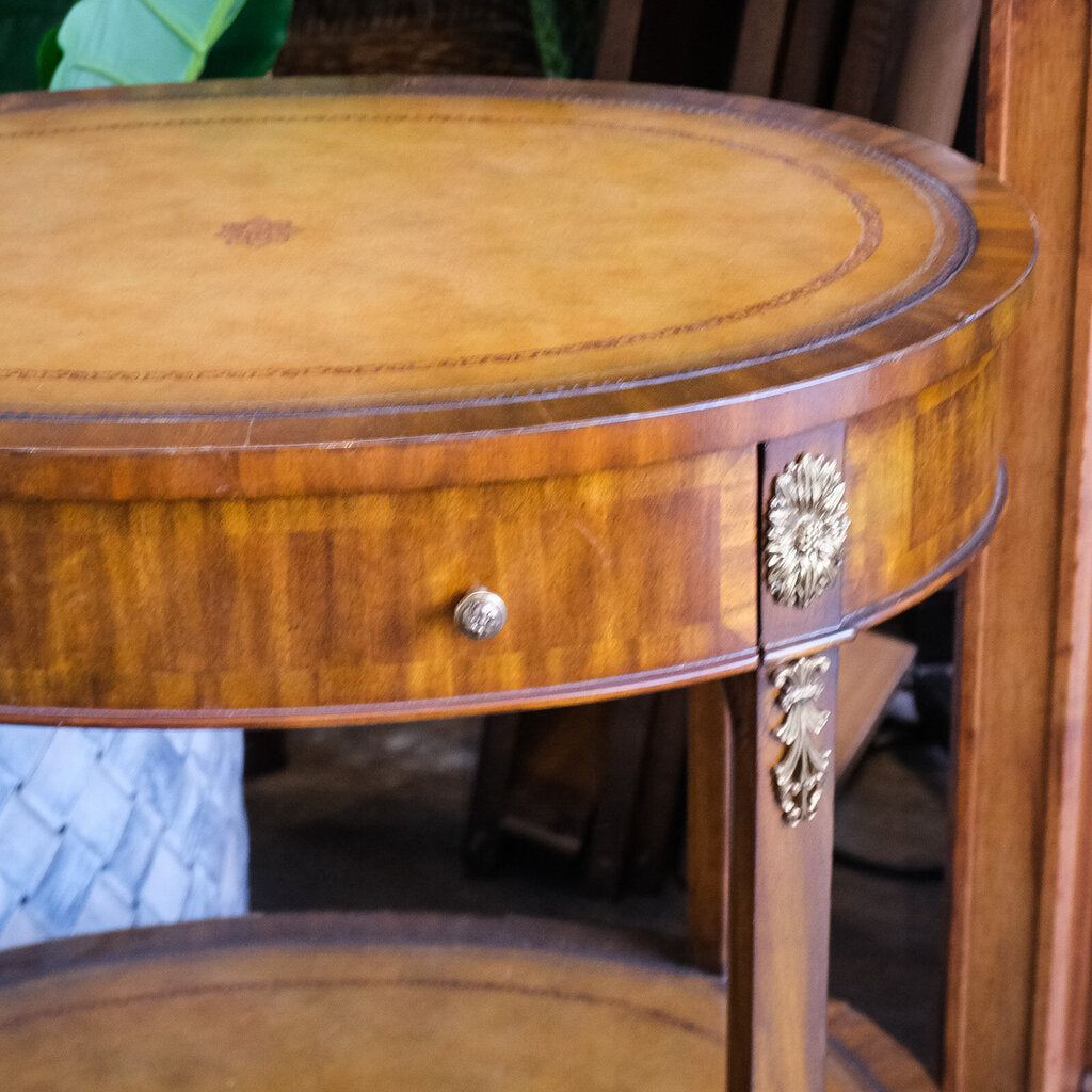 Leather Inlay 2 Tier Mahogany Accent Table with Drawer