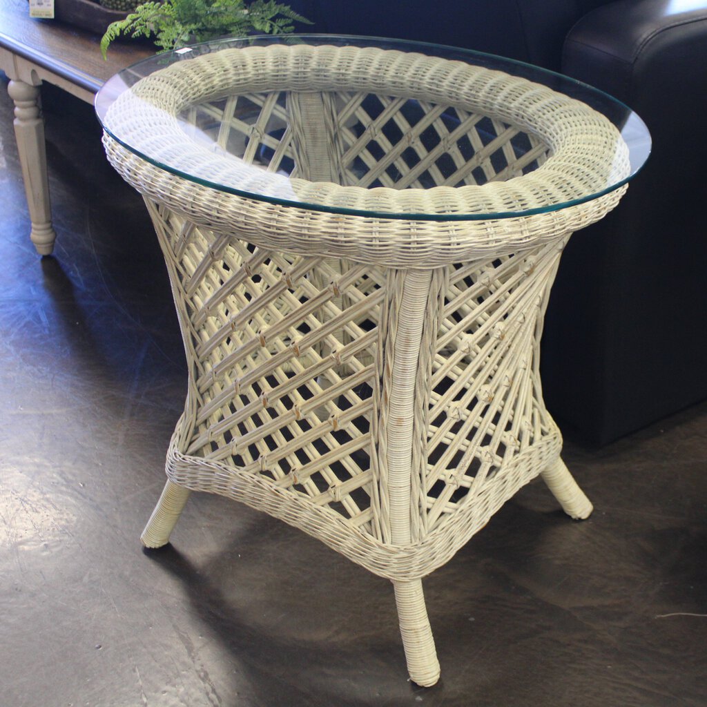 Wicker Side Table w/ Glass Top