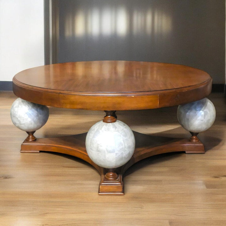 Round Wooden Cocktail Table with Mother of Pearl Accent