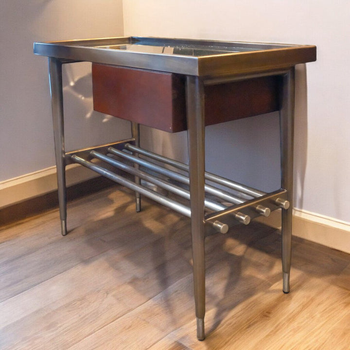 Metal and Glass End Table with Wooden Drawer