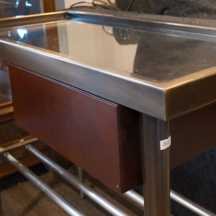 Metal and Glass End Table with Wooden Drawer