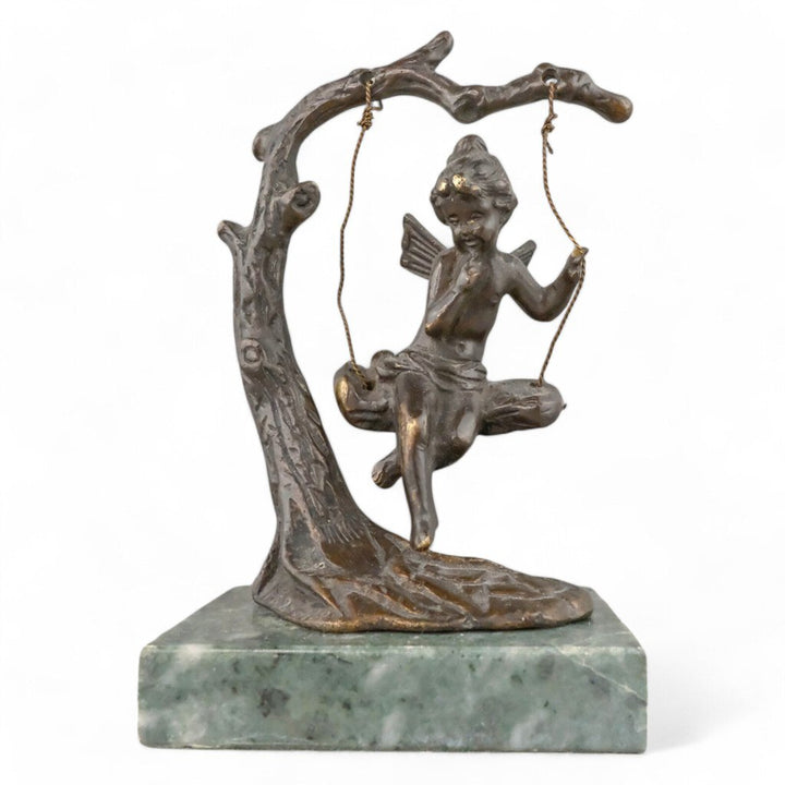 Vintage Bronze Fairy On A Tree Swing on Marble Base