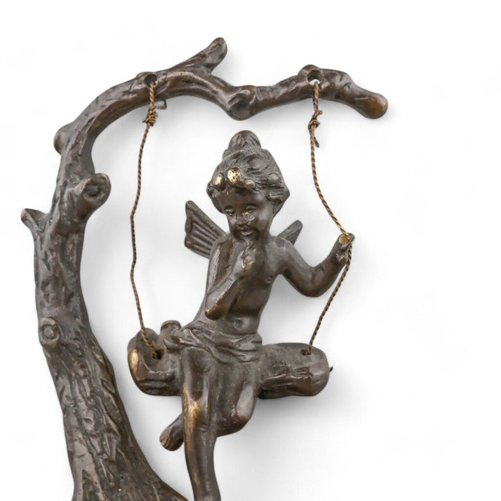 Vintage Bronze Fairy On A Tree Swing on Marble Base