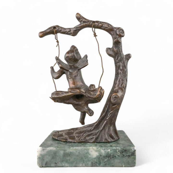 Vintage Bronze Fairy On A Tree Swing on Marble Base