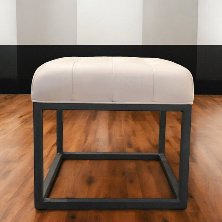 Orig Price $960 - Custom Tufted Leather Ottoman on Metal Base