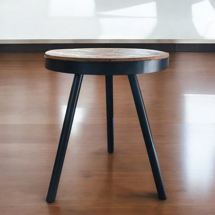 Round Mango Wood Industrial Style End Table