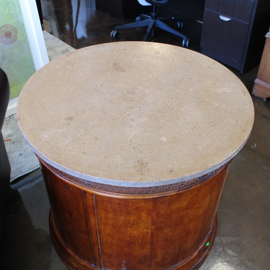 Drum End Table w/ Storage and Marble Top