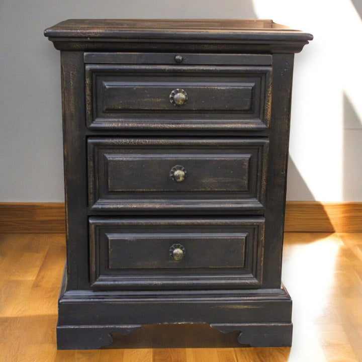 Orig Price $1300 - Distressed 3 Drawer Night Stand w/ Pull Out