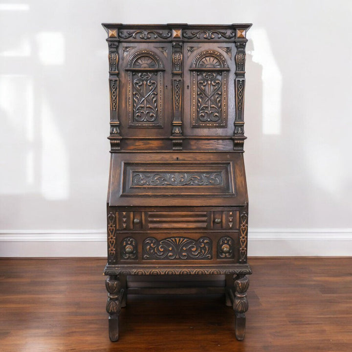 Late 19th Century Hand Carved English Tudor Secretary Desk