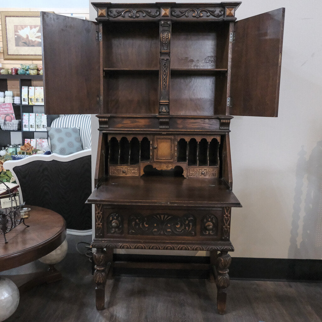 Late 19th Century Hand Carved English Tudor Secretary Desk