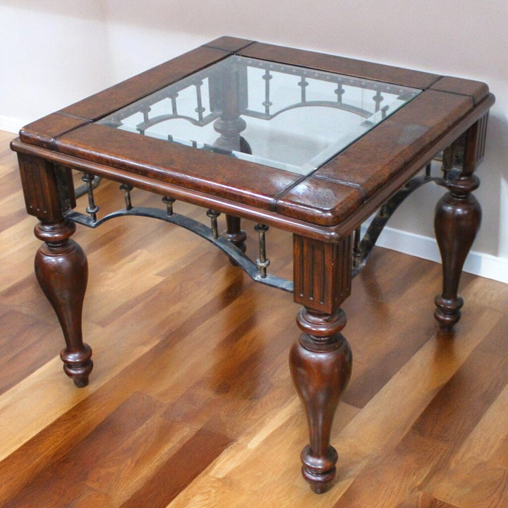 Iron, Wood, Leather, and Glass End Table