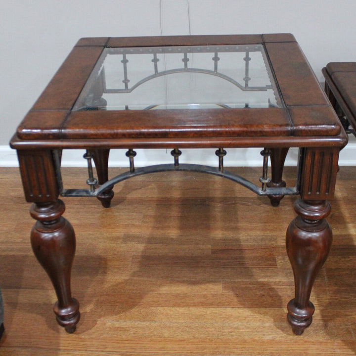 Iron, Wood, Leather, and Glass End Table