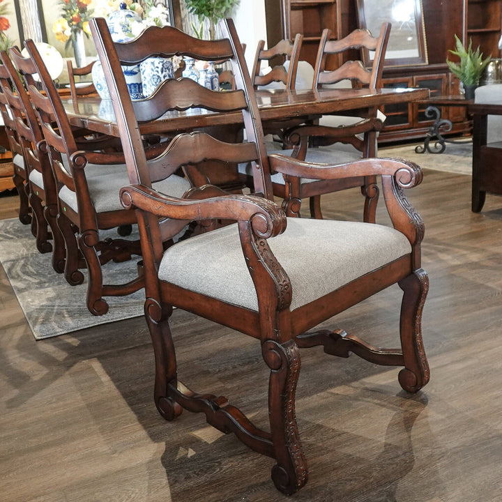Orig. Price $10,000 - Solid Wood Trestle Table with 2 Leaves and 8 Chairs