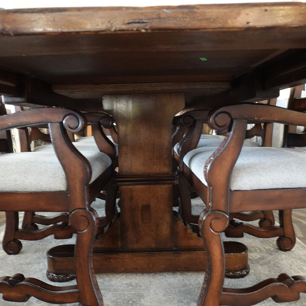Orig. Price $10,000 - Solid Wood Trestle Table with 2 Leaves and 8 Chairs