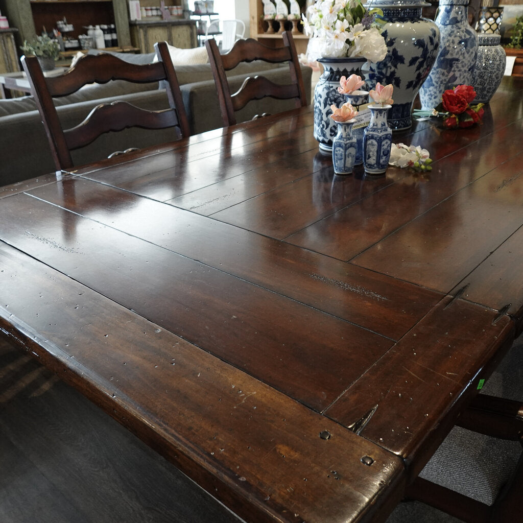 Orig. Price $10,000 - Solid Wood Trestle Table with 2 Leaves and 8 Chairs
