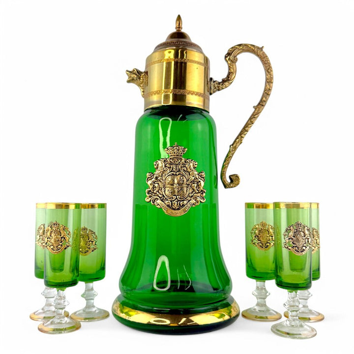 Vintage Bohemian Glass and Brass Carafe Pitcher with 6 Matching Glasses