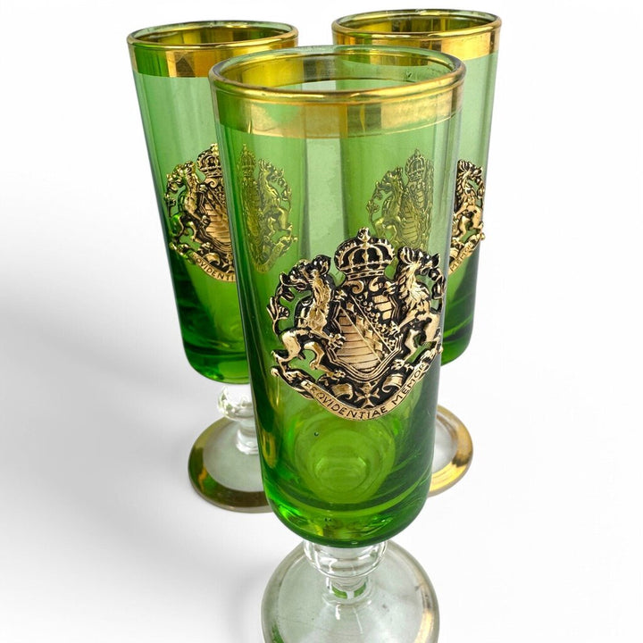 Vintage Bohemian Glass and Brass Carafe Pitcher with 6 Matching Glasses