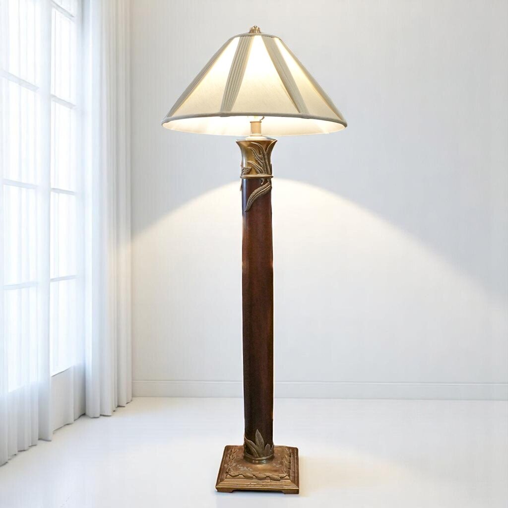 Brass Accents Wooden Pillar Floor Lamp