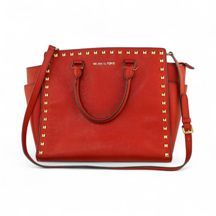 Saffiano Studded Satchel Shoulder Handbag
