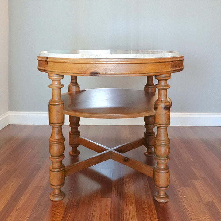 Travertine and Wood Round Occational Table