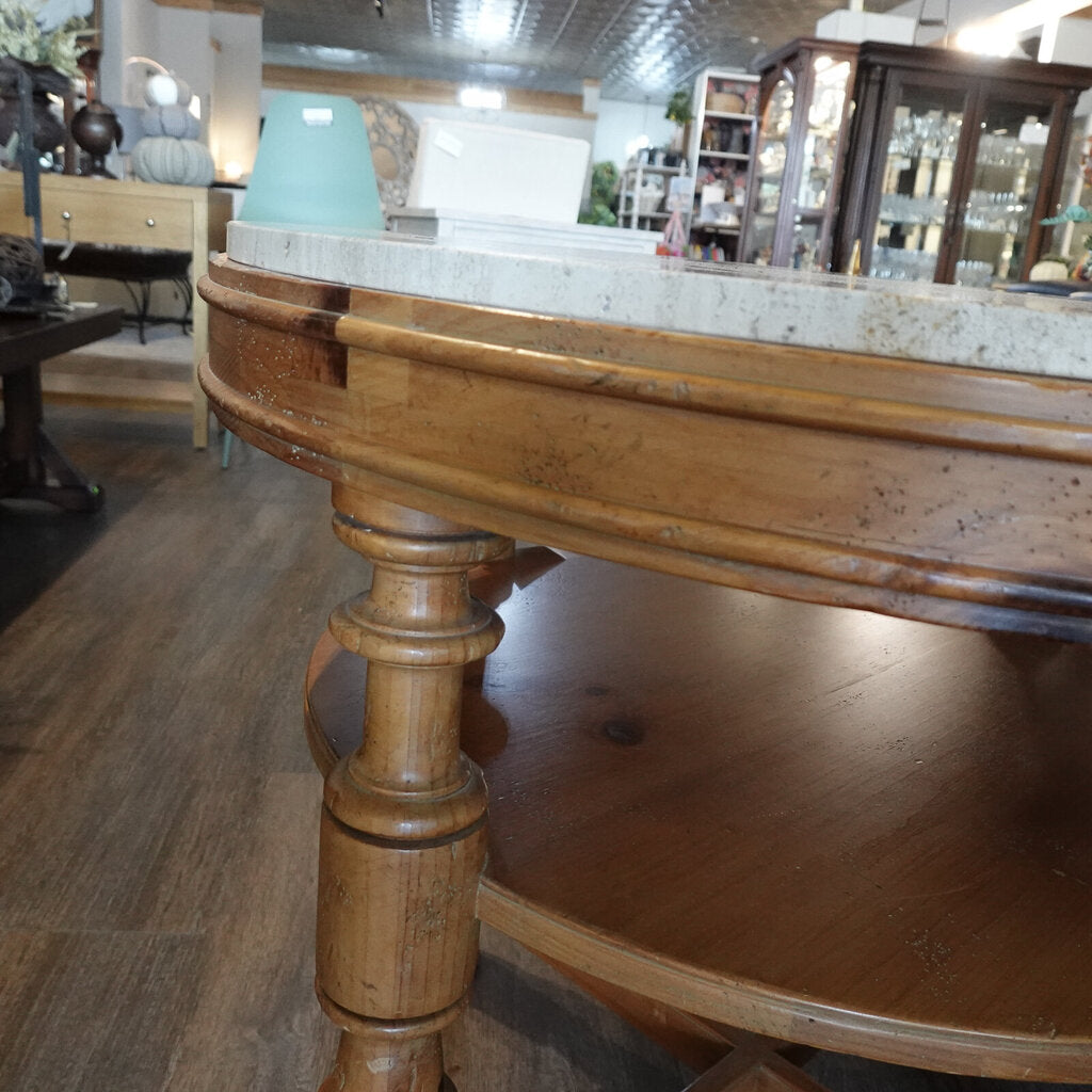Travertine and Wood Round Occational Table