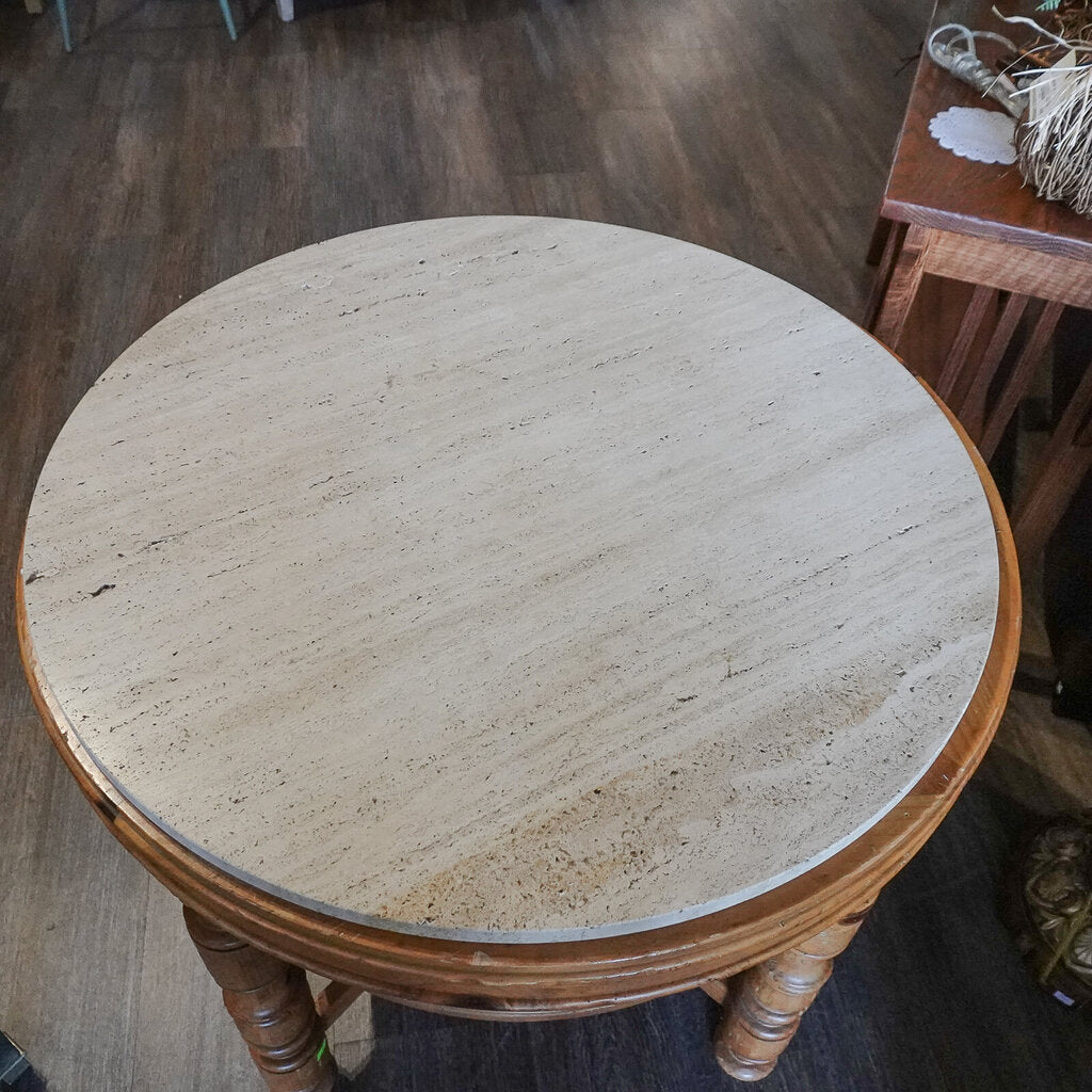 Travertine and Wood Round Occational Table