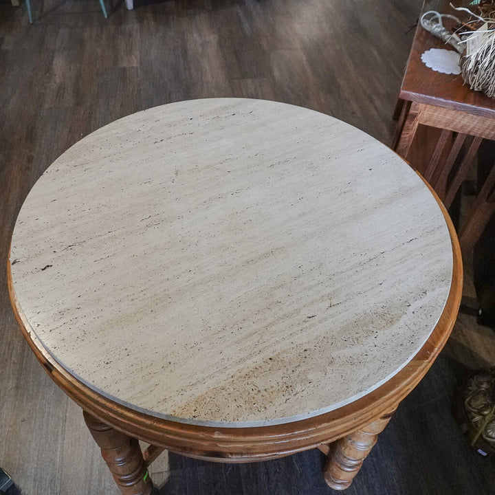 Travertine and Wood Round Occational Table