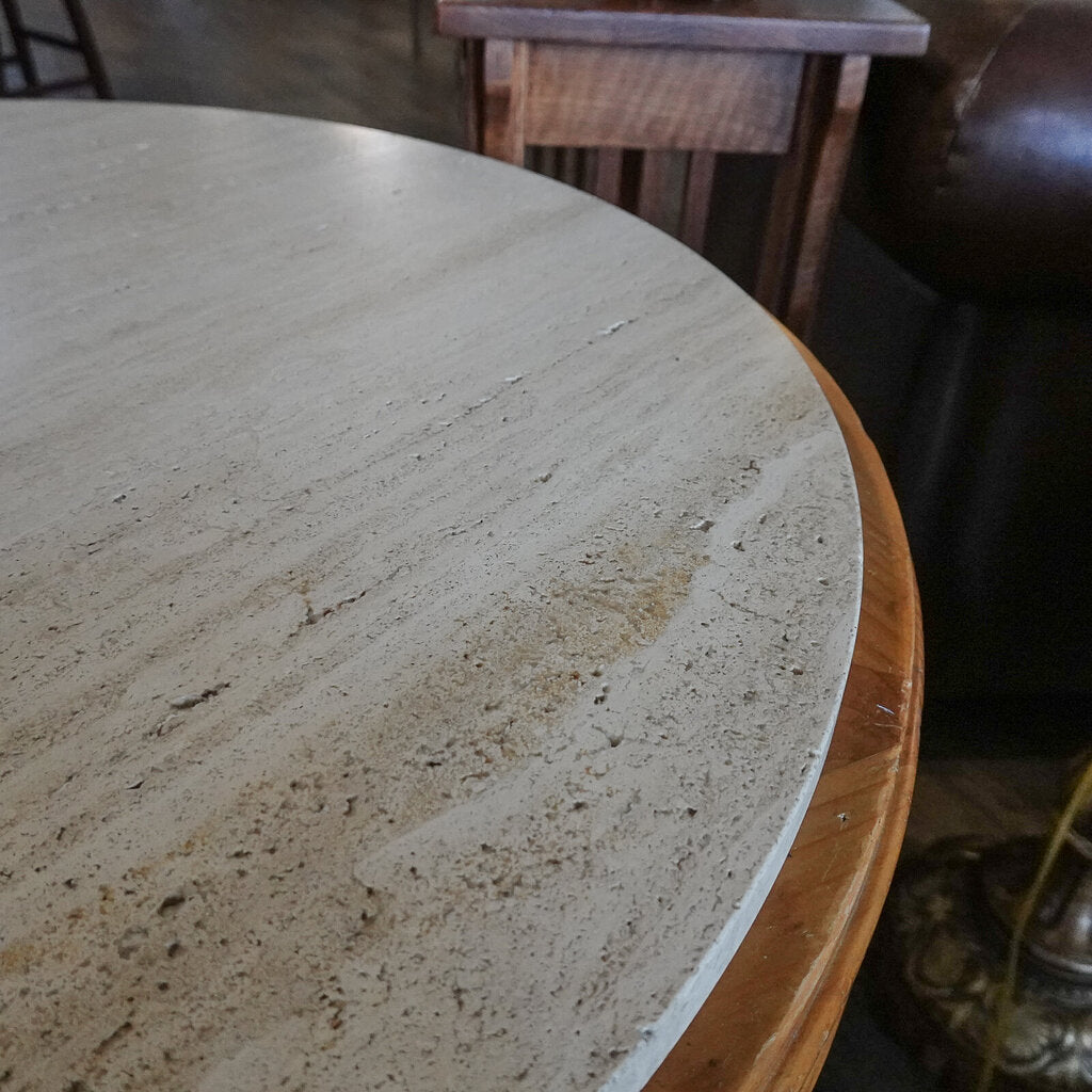 Travertine and Wood Round Occational Table